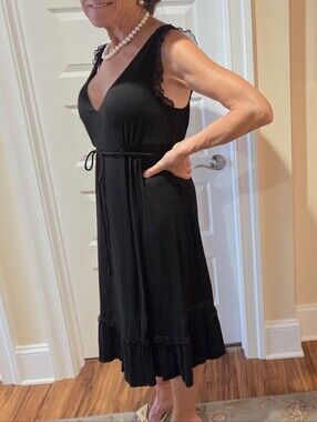 Laundry By Shelli Segal Black V-Neck Tie-Waist Ruffle Hem Dress